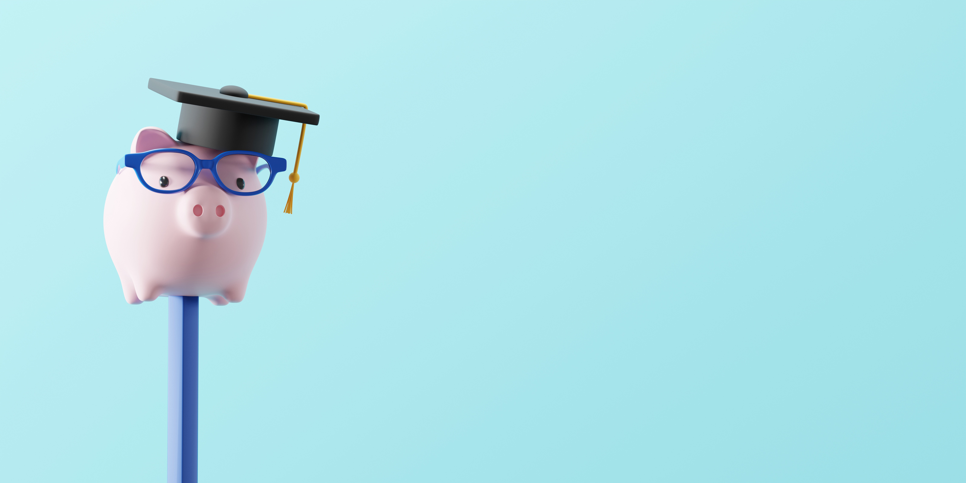 Save money to study abroad and education concept desgin of pencil with piggy bank wearing glasses and graduation cap with copy space 3D render